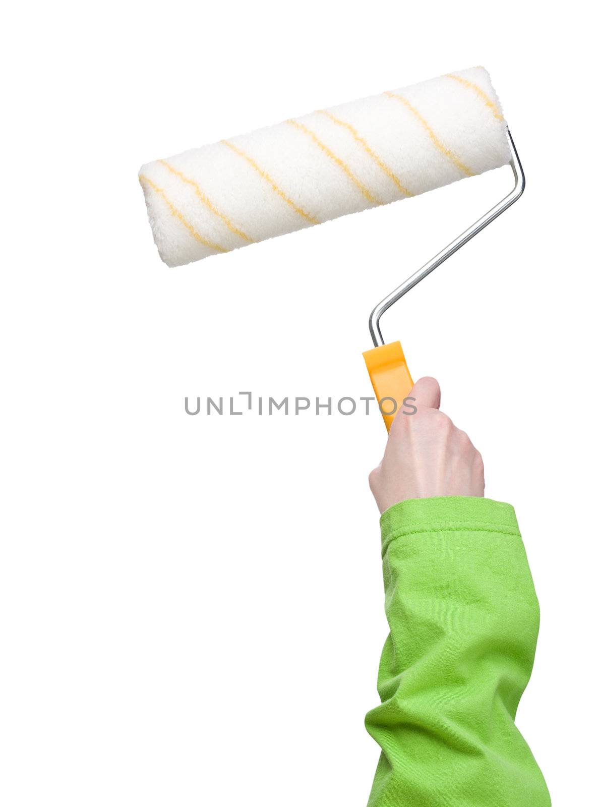 Woman holding paint roller in one hand by rozhenyuk