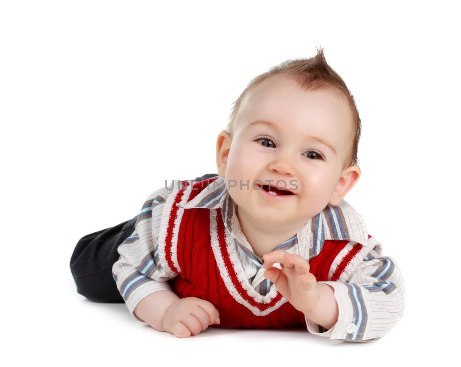 adorable 8 months cacasian baby boy, isolated on white