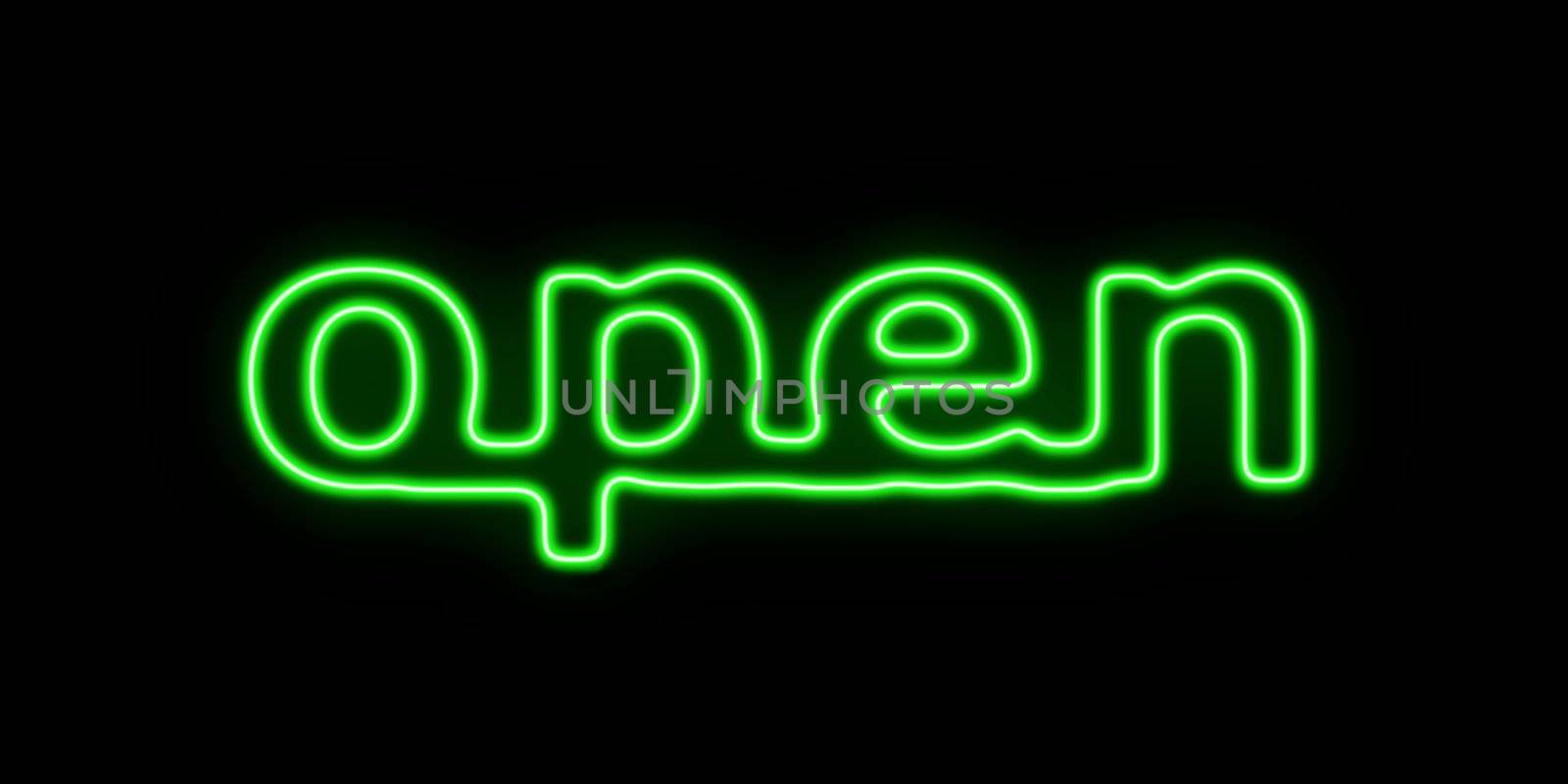 Green neon sign with the word open on black background