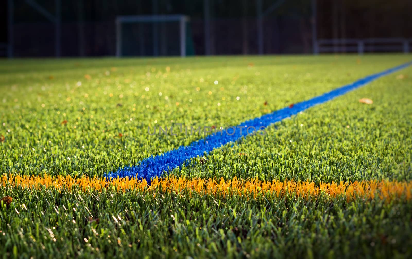 Photograph of a lighted green soccer stadium grass field