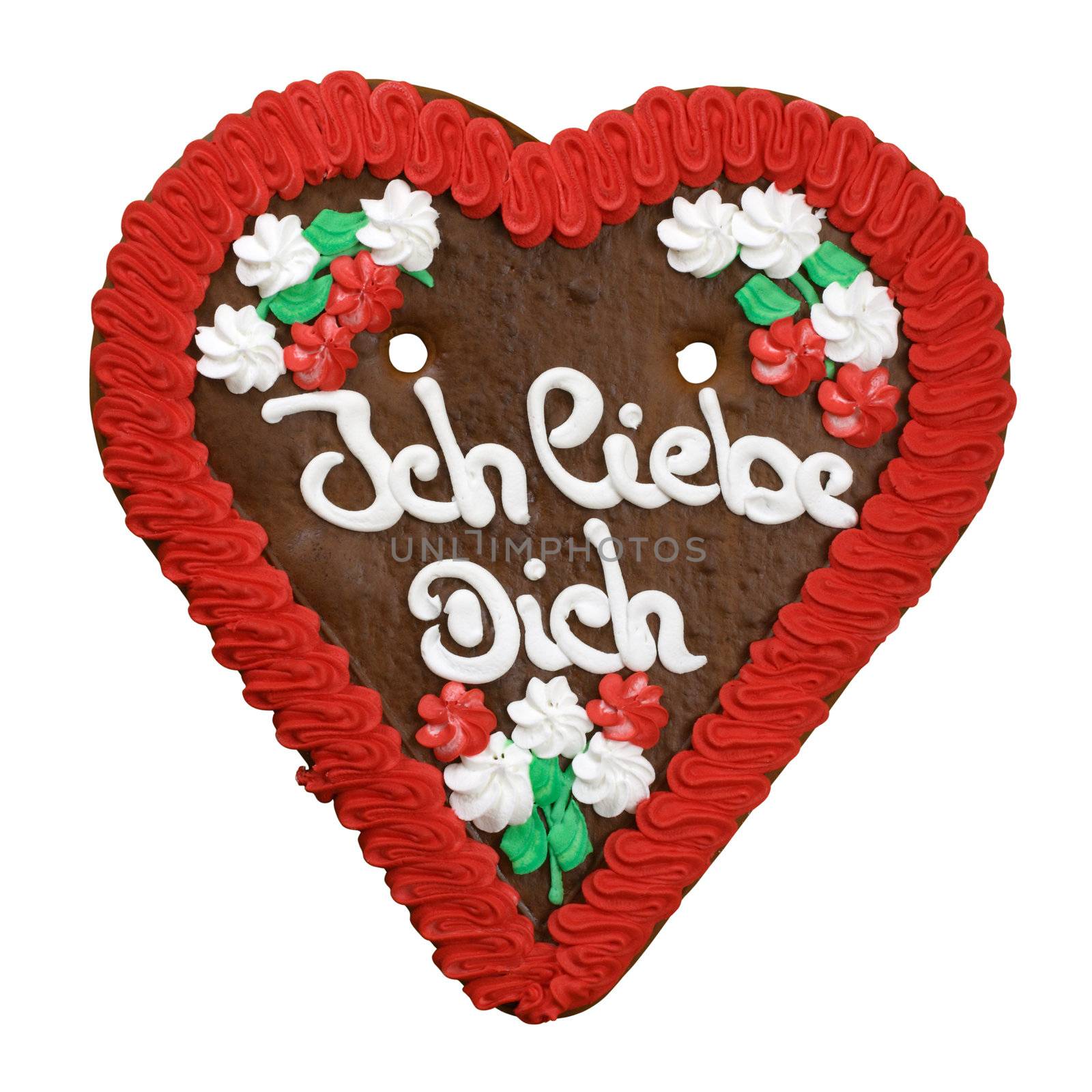 I Love You gingerbread cookie. Typical souvenir of German culture in fairs and the famous Oktoberfest in Munich.