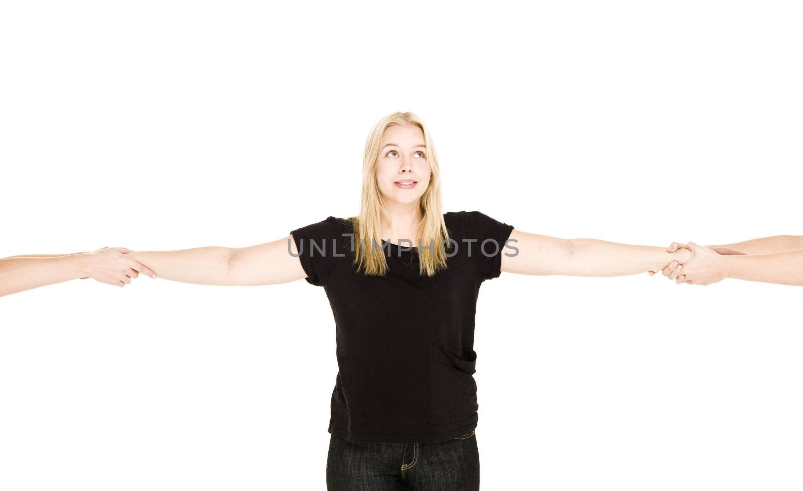 Woman tug of war isolated on white background