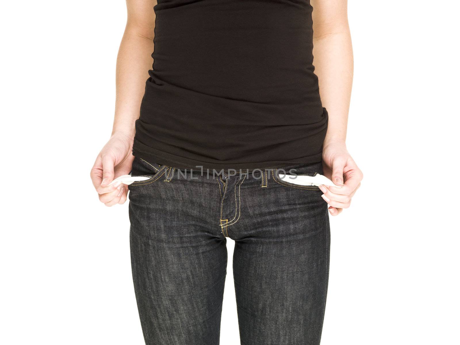 Poor woman with empty pocket isolated on white background