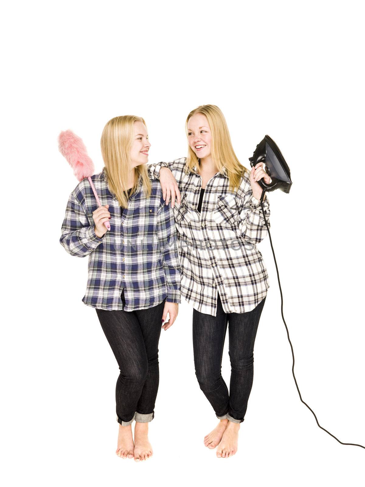 Two women with Housework equipment