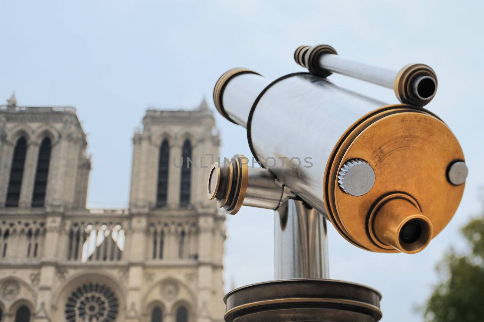 Telescope of stainless steel near Notre-Dame Cathedral in Paris