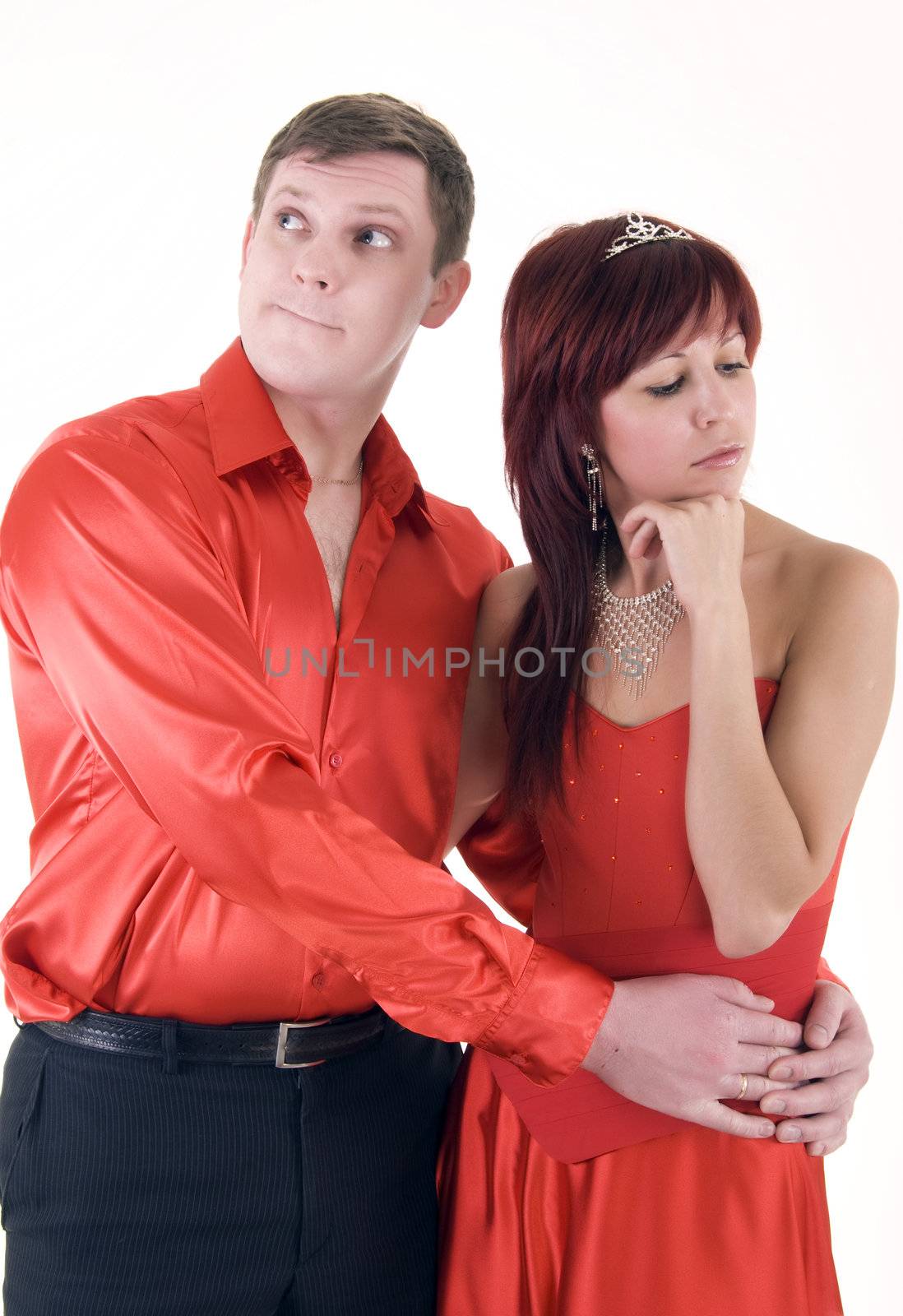 Young couple in red have fallen out