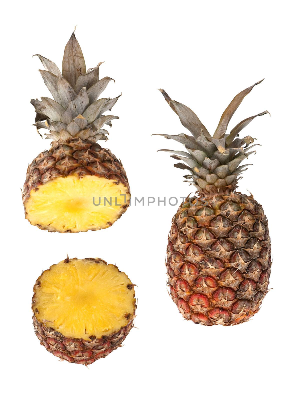 Whole and half pinapple detail isolated on white background.
