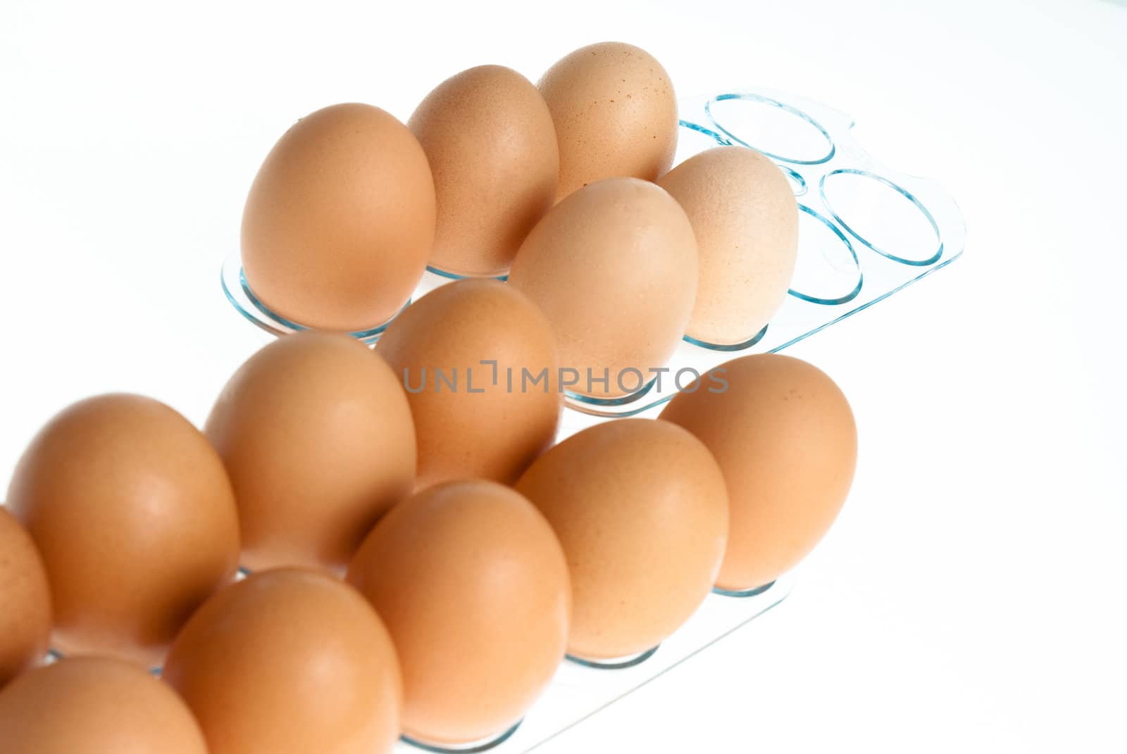Brown eggs on a acrylic transparent stand isolated on white background.