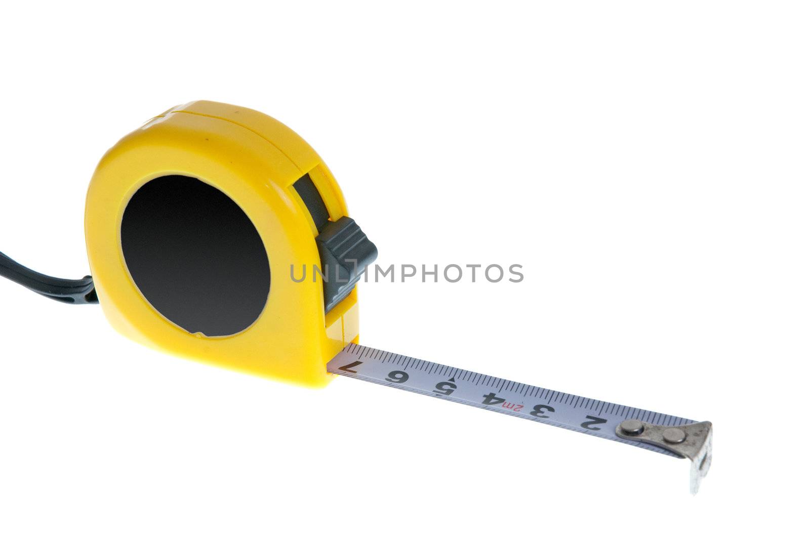 Opened tape measure isolated on white background.