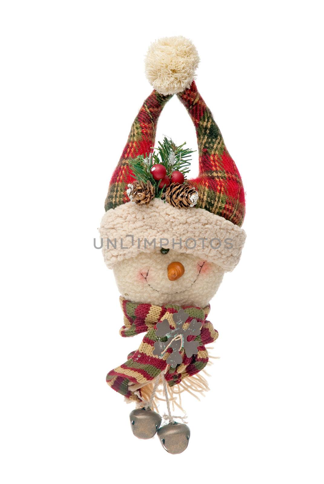 Christmas snowman door hanger isolated on white background.
