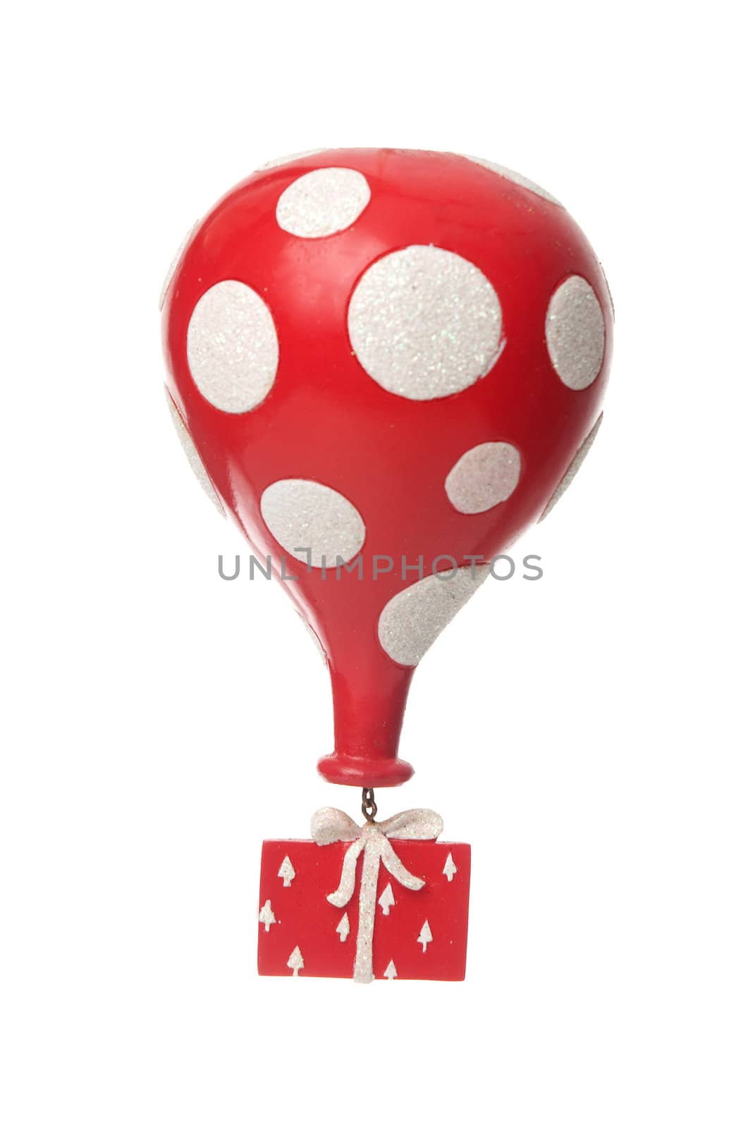 Red gift with balloon isolated on white background.