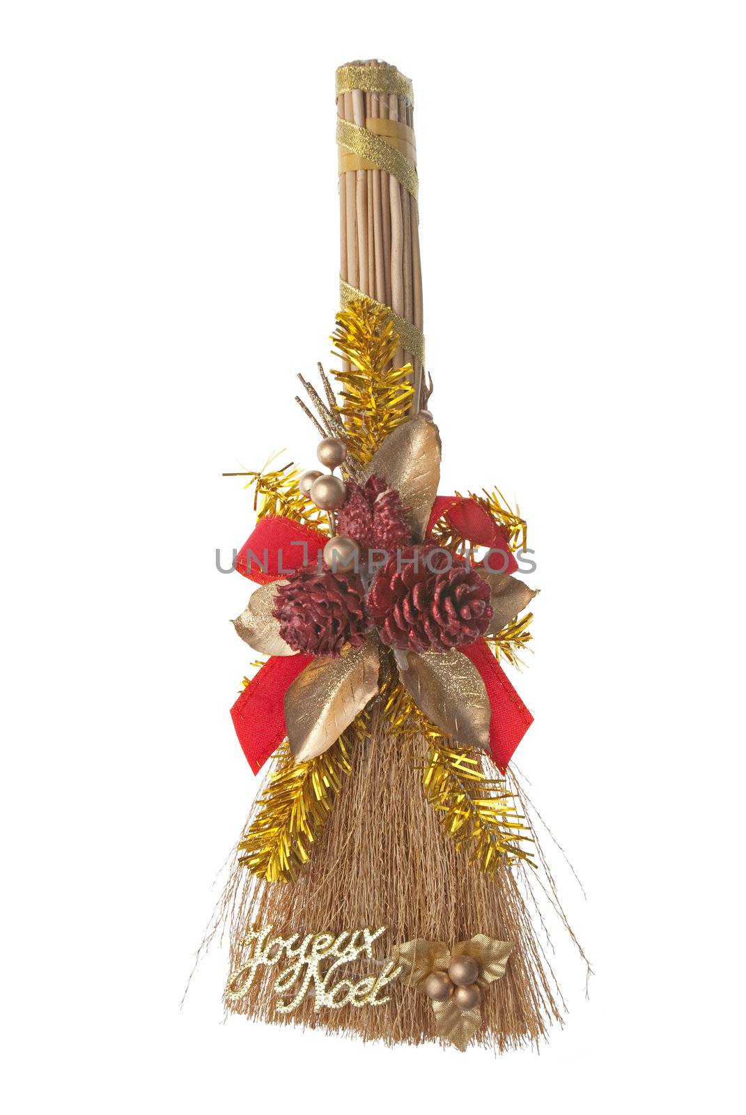 Christmas broom decorations isolated on white background.