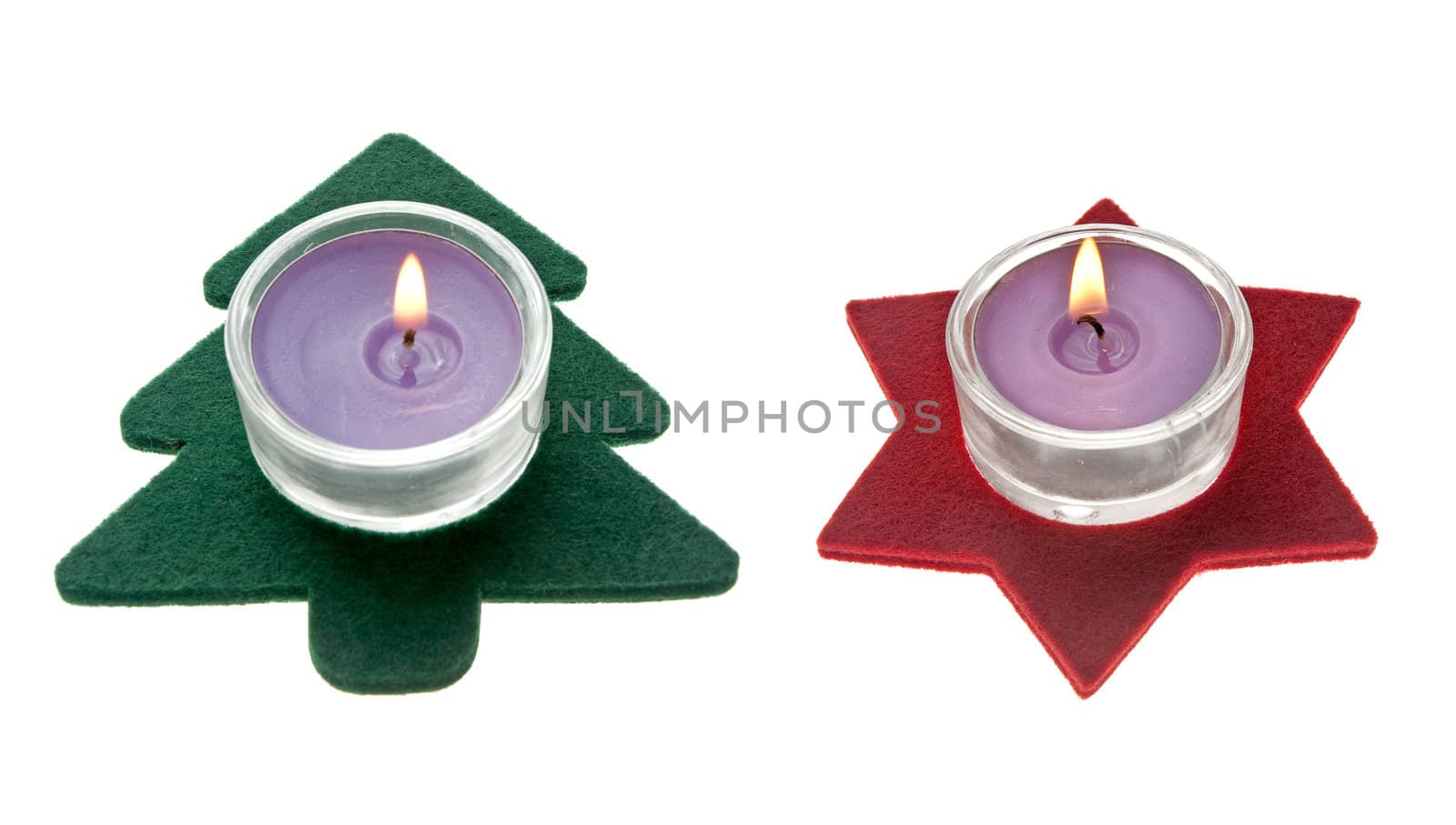 Red star and green pine tree  Christmas decorations with candles isolated on white background.