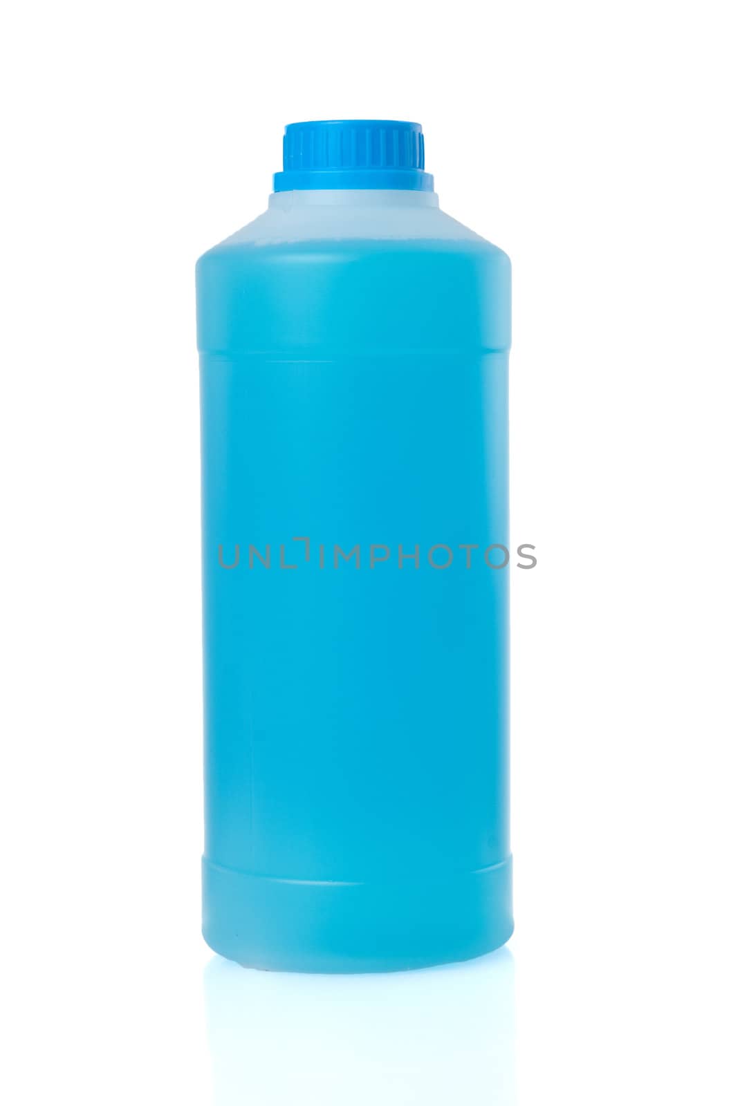 Blue liquid in trasparent plastic bottle isolated on white background.