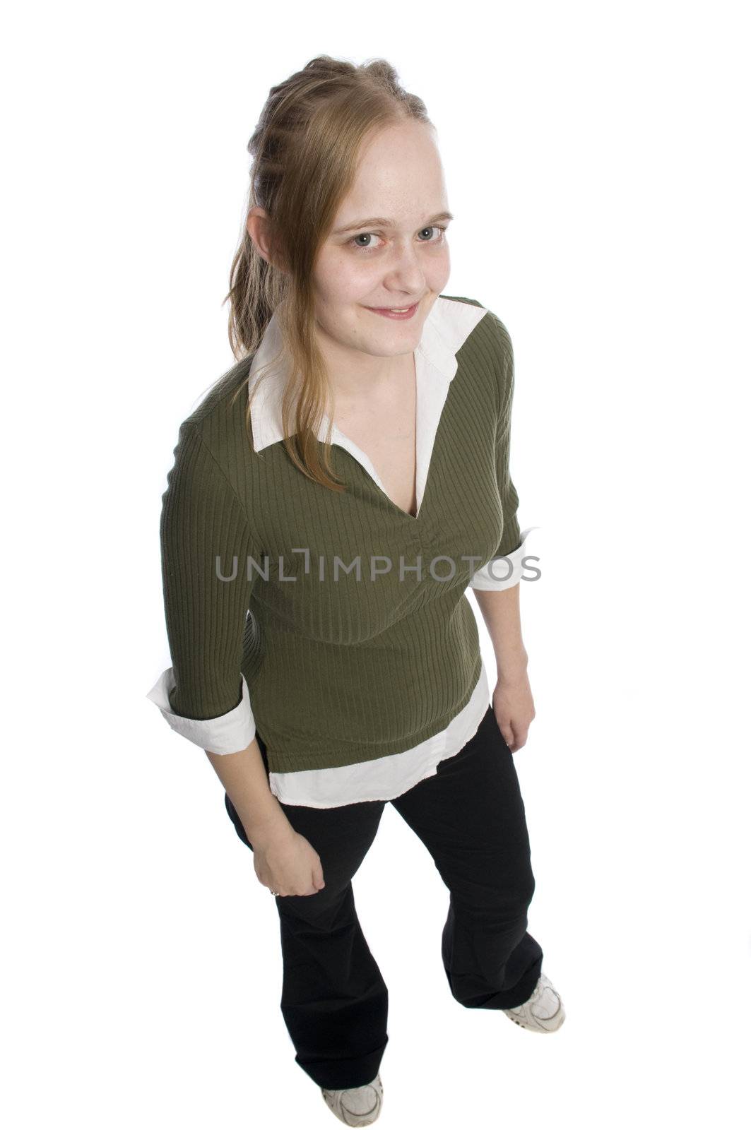 young woman on a white background standing position