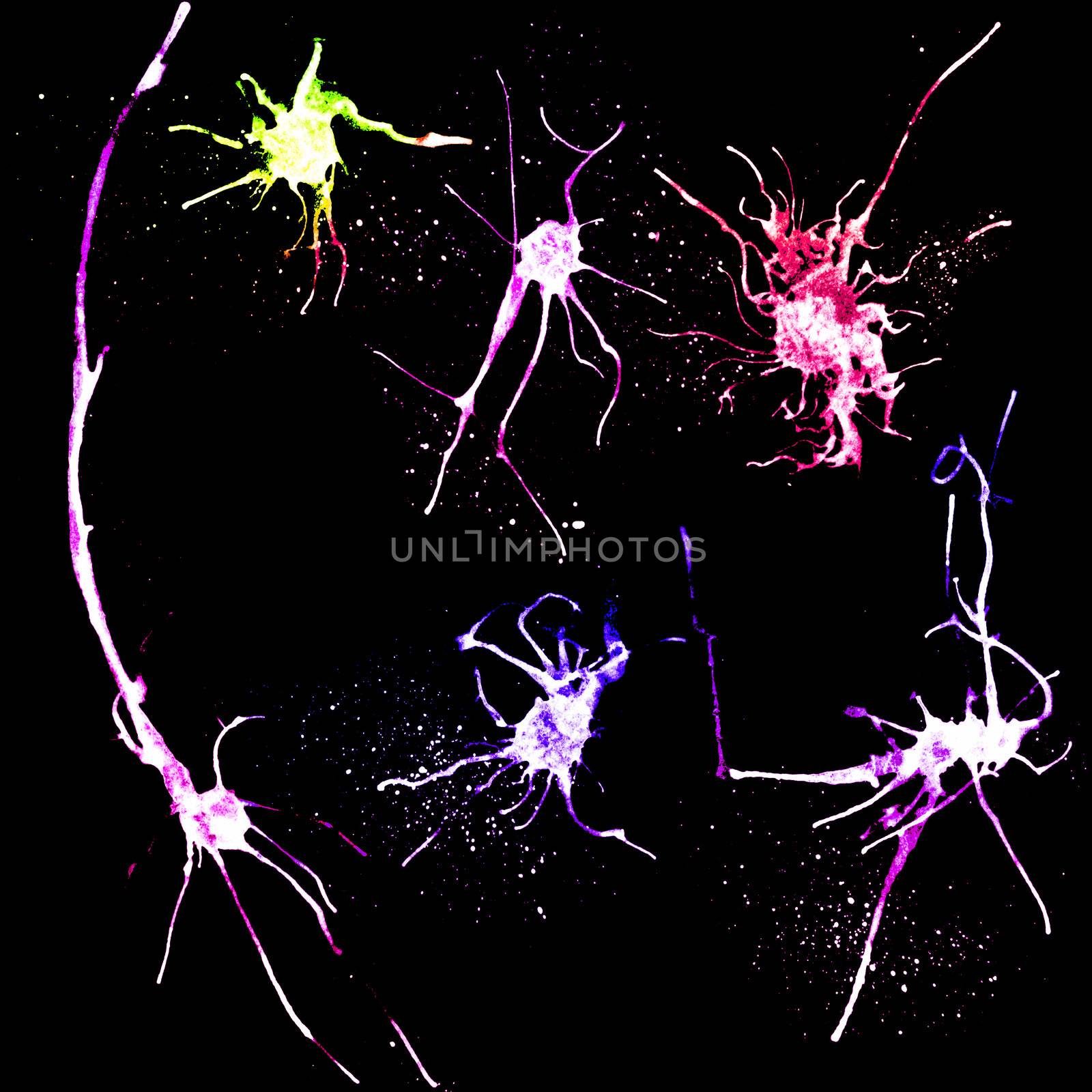 Colorful ink splashes isolated on black background.