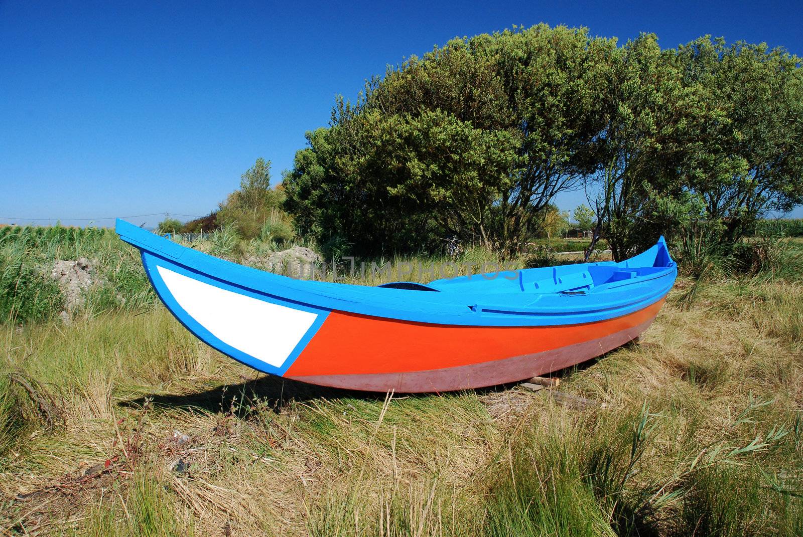 Colorful fishing boat on green grass on a sunny day with clear blue sky.