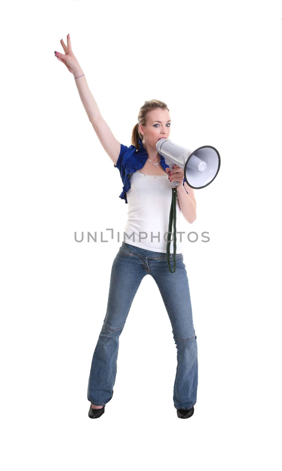 young woman with a megaphone or bullhorn isolated on white