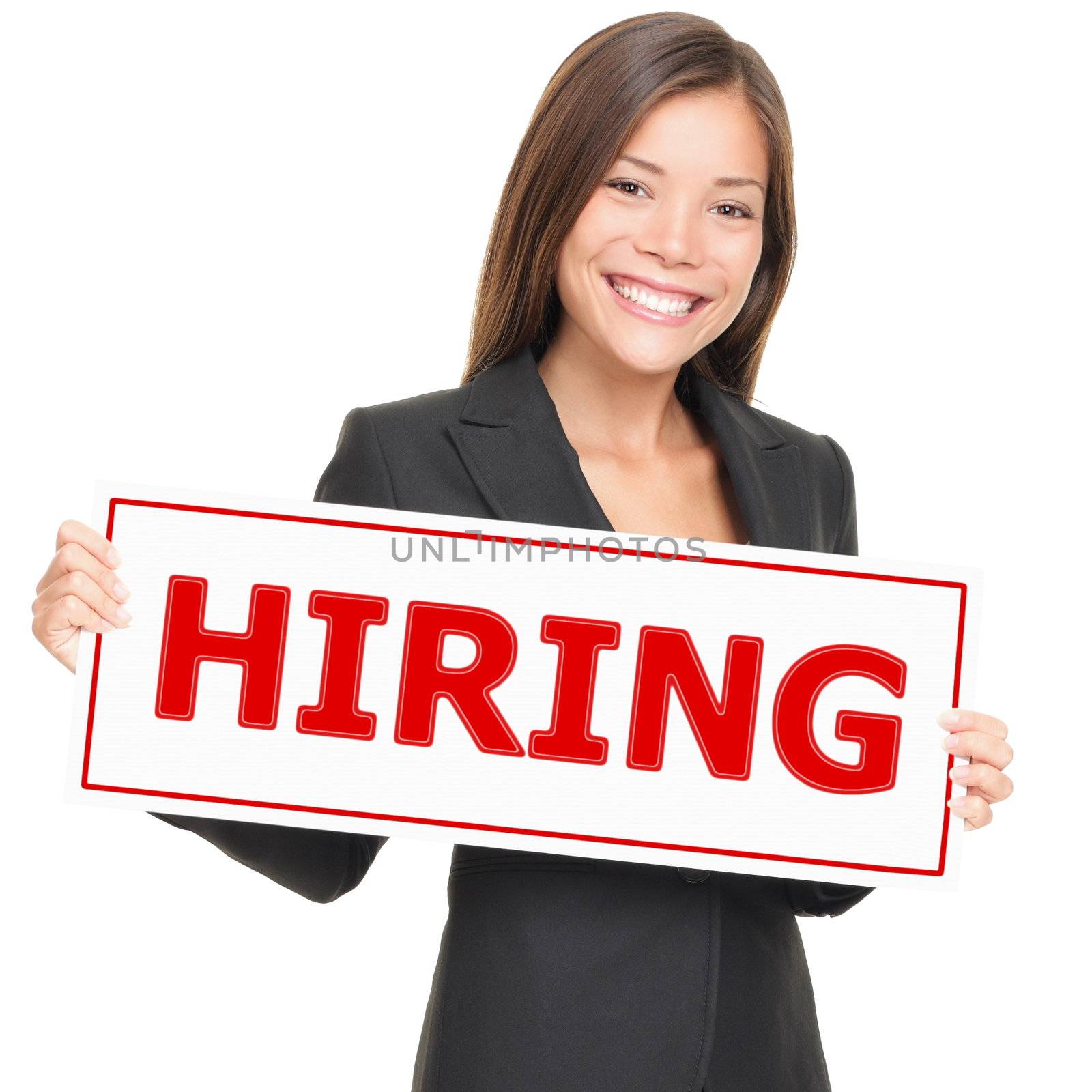 Job woman showing hiring sign. Young smiling Caucasian / Asian businesswoman isolated on white background.