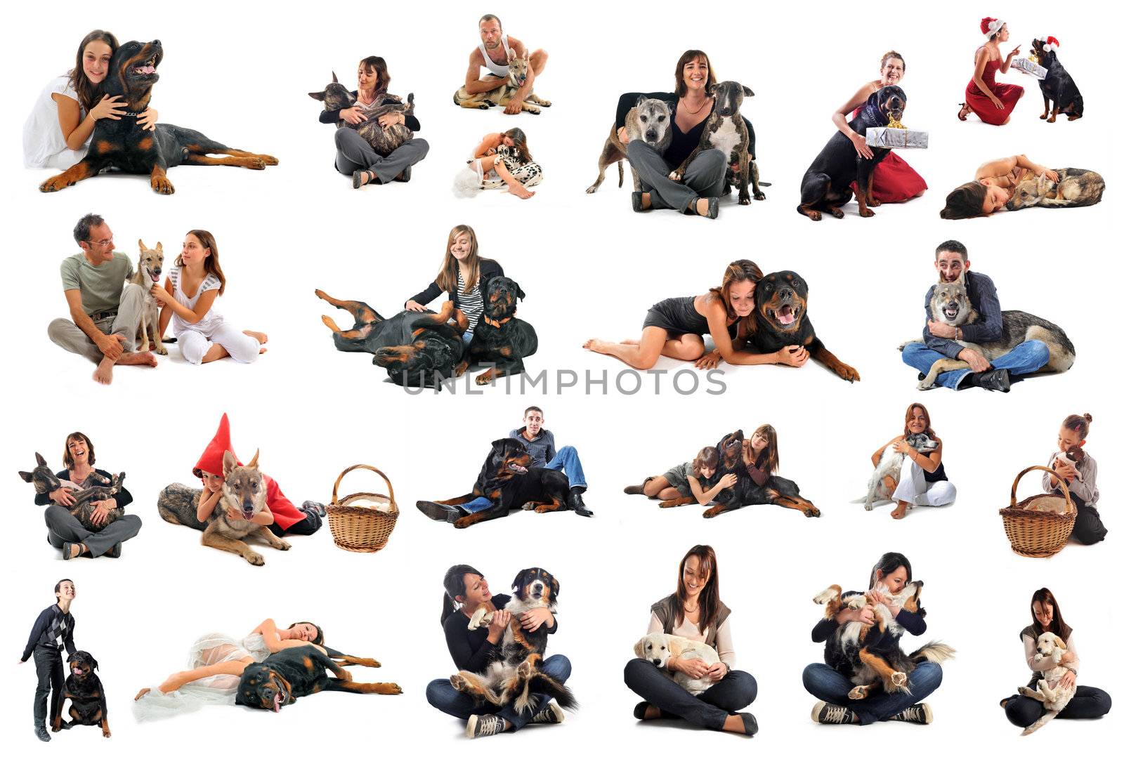 people with purebred dogs and puppies in front of white background