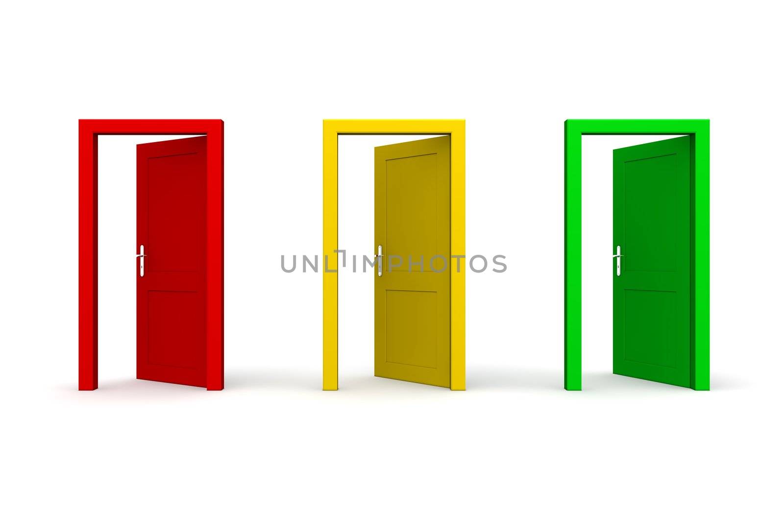 three doors in a a row - red, yellow, green - all doors open