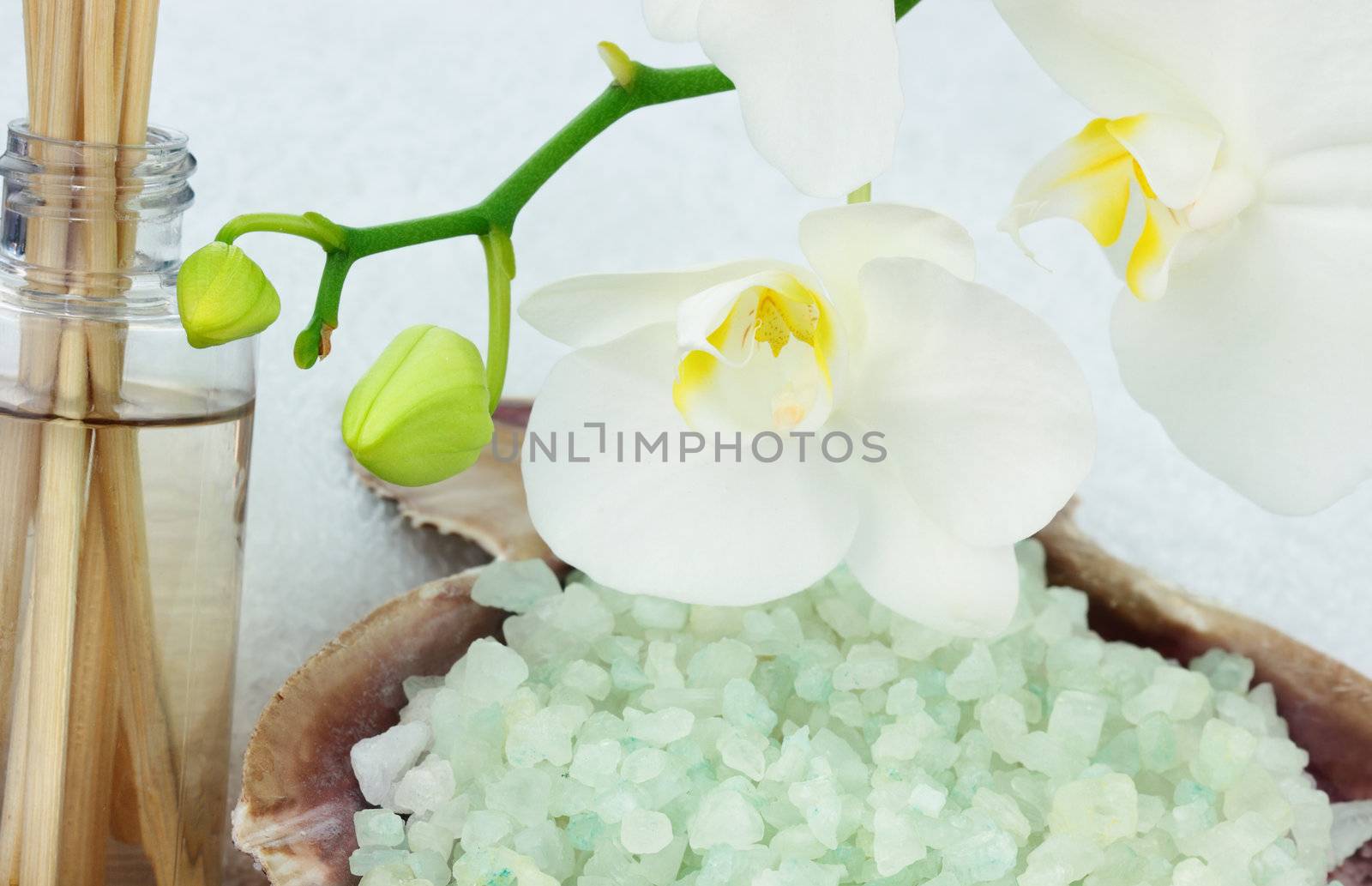 White Orchid with essential oils and bath salts. Shallow DOF.