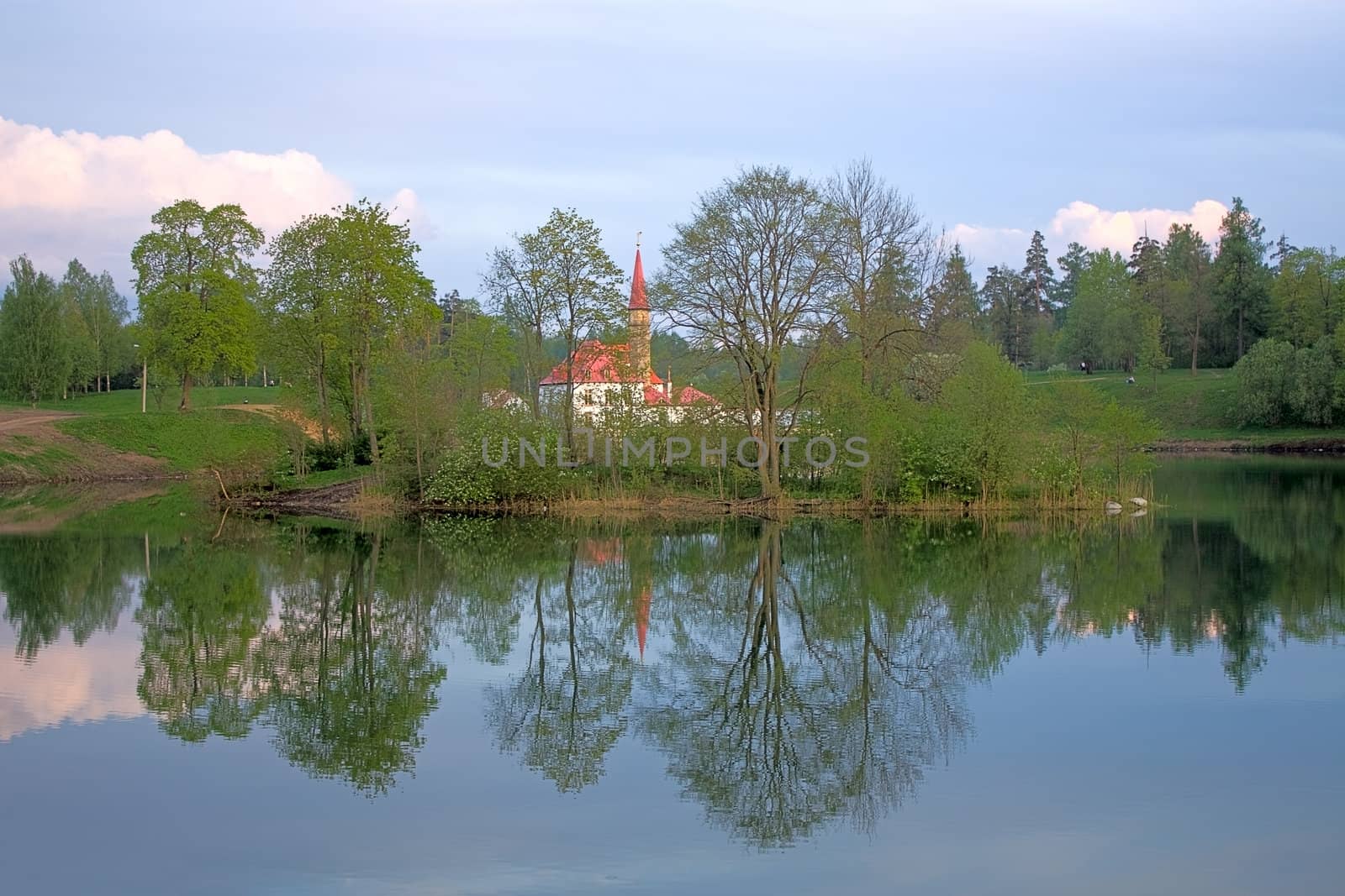 View of the Priory Palace and its reflection in the lake, Gatchina, Russia