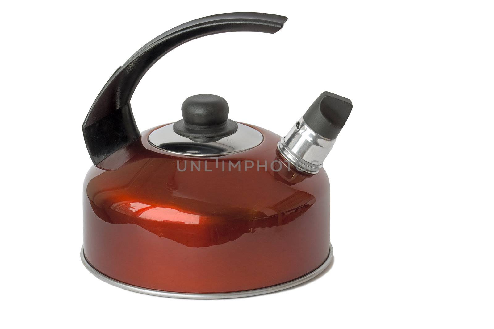 Red kettle with whistle, isolated on a white background.
