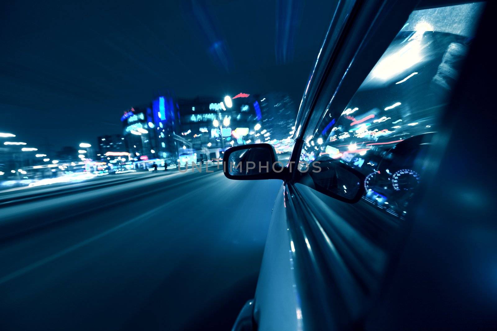 car fast drive on highway in night