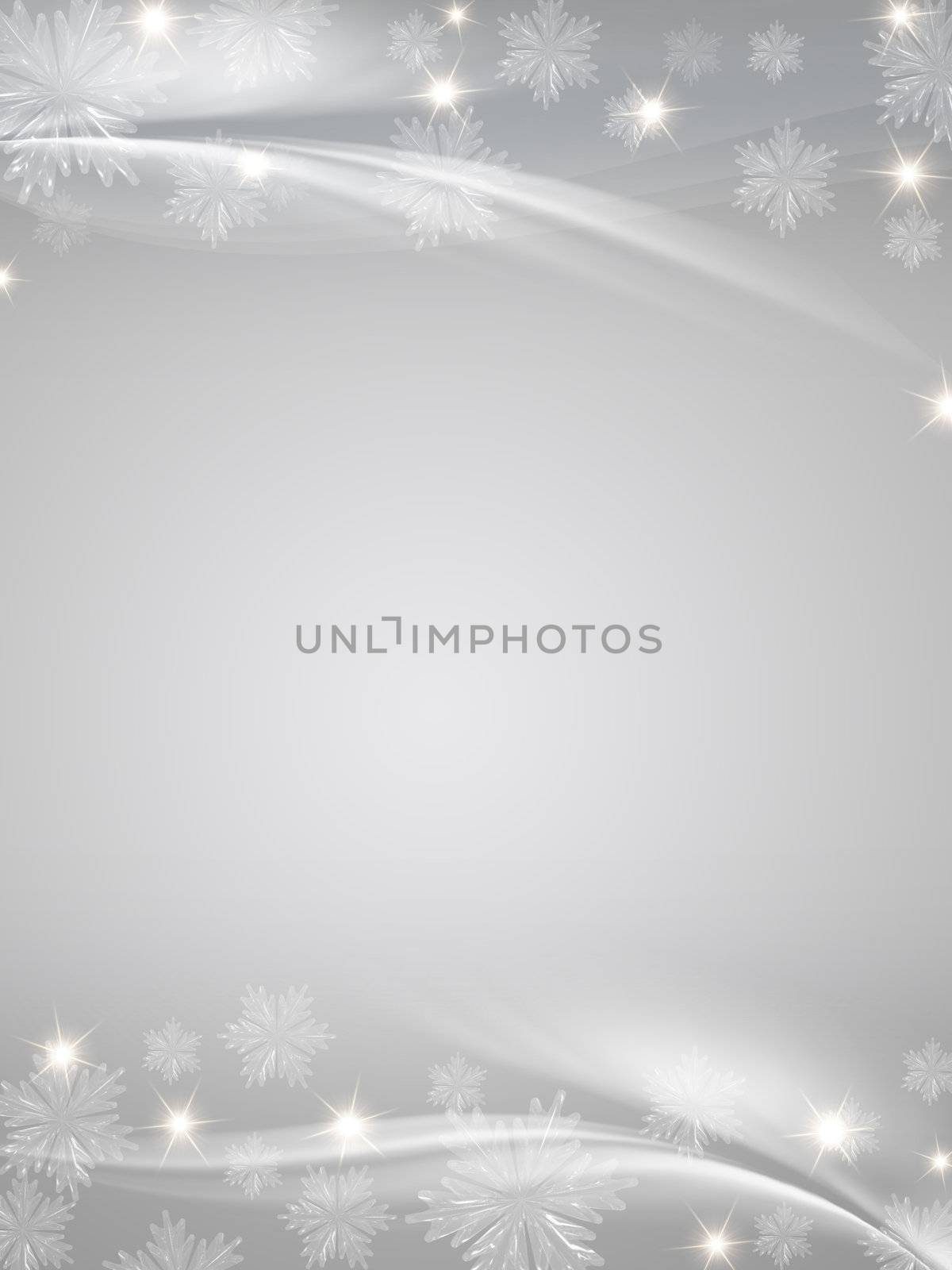 grey christmas background with crystal snowflakes, stars and curves