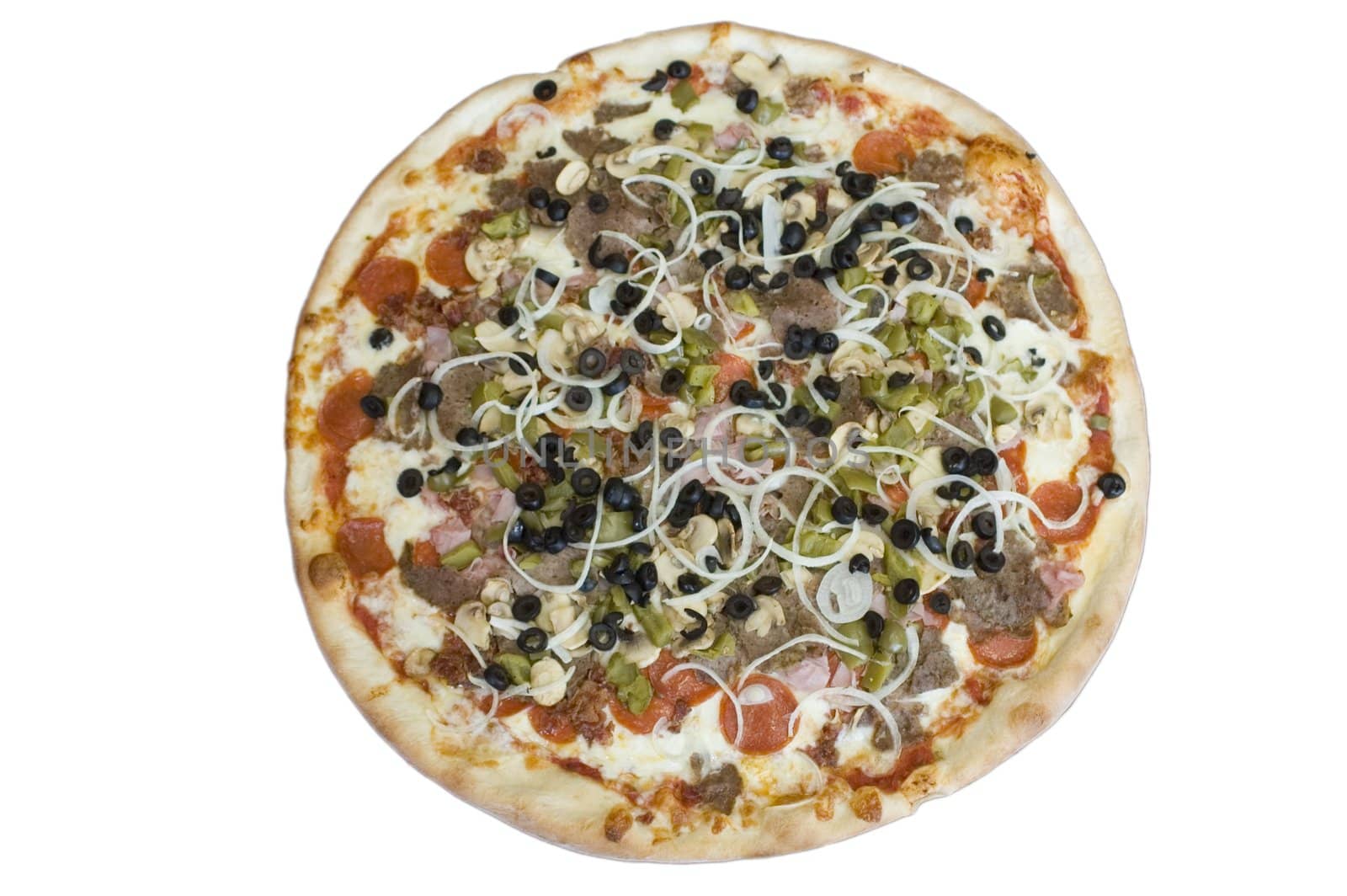 A supreme pizza with pepperoni, sausage, bacon, ham, garlic, onions, green peppers, olives and mushrooms.