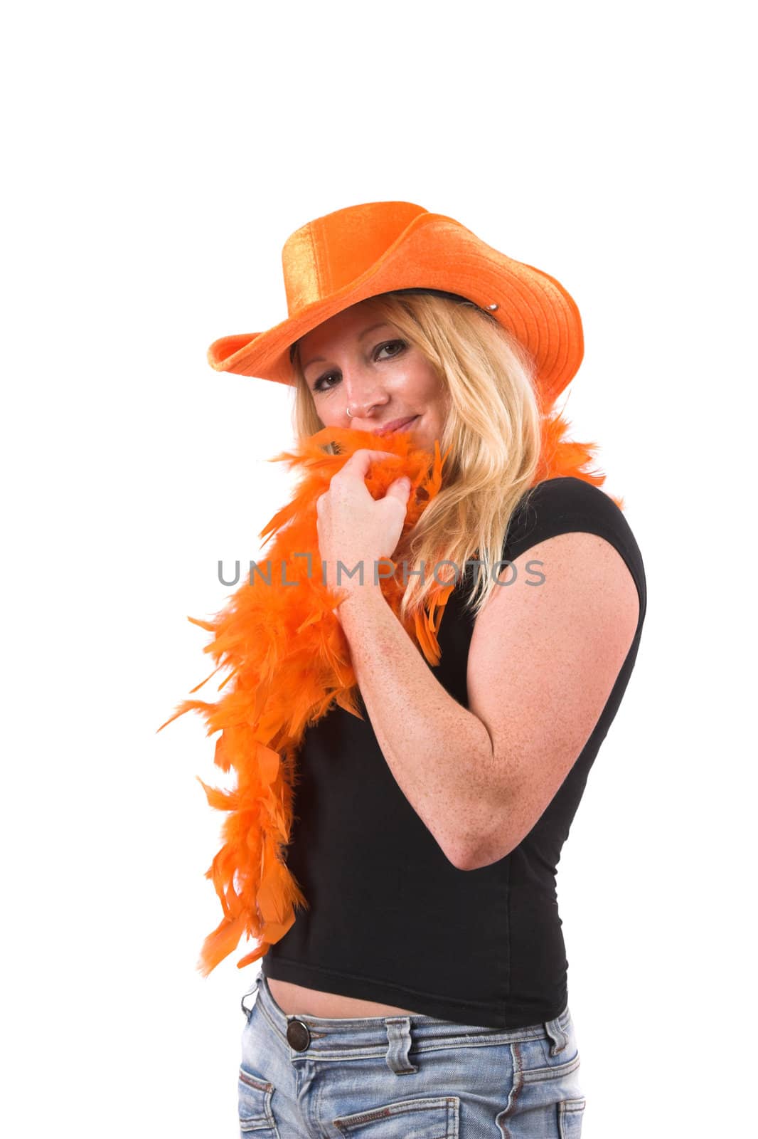 Blond woman supporting Holland for the worldcup soccer