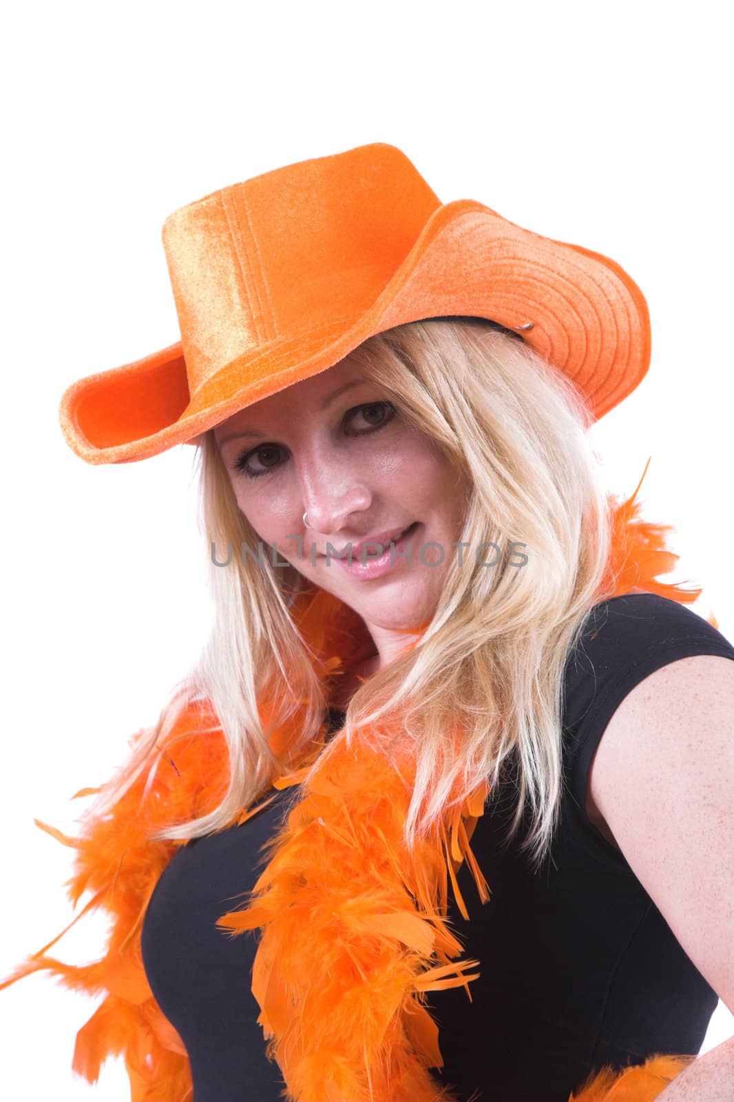 Pretty blond woman ready to support Holland in the soccer worldcup