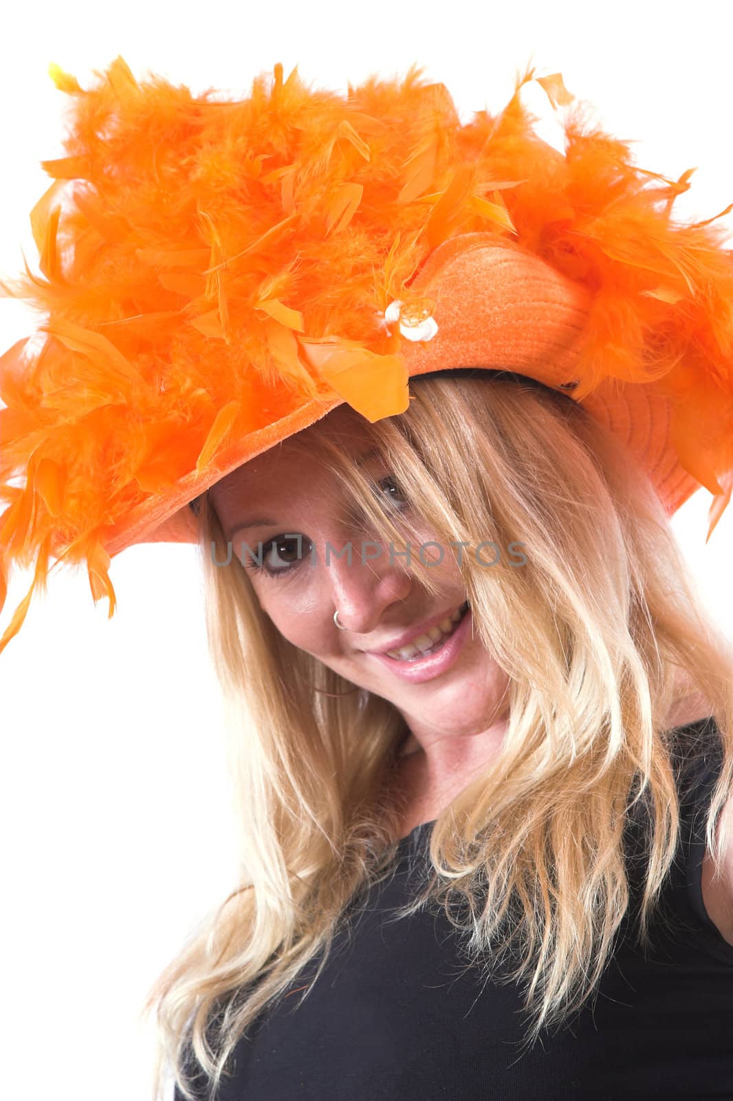 Pretty blond woman with orange hat 