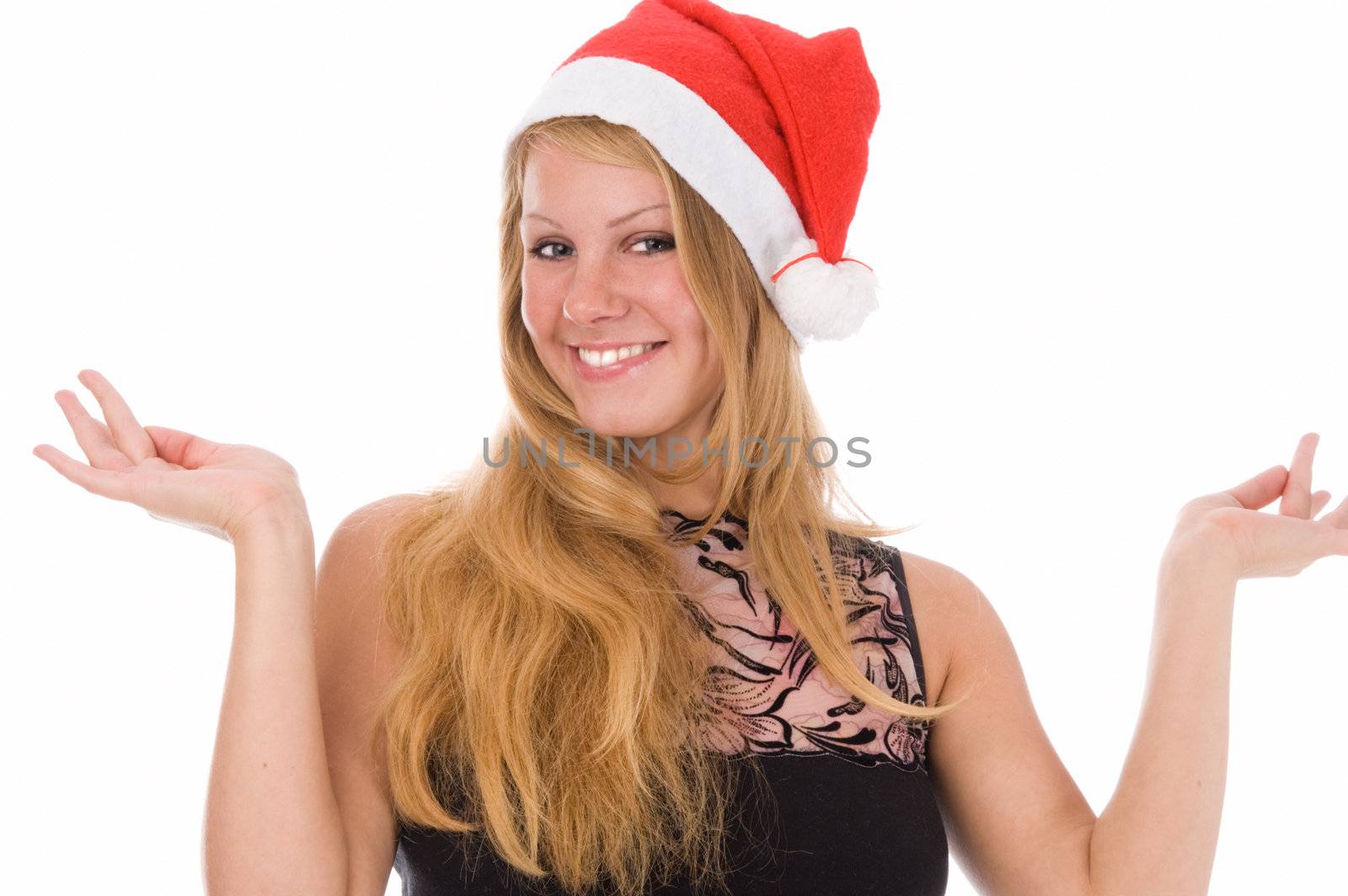 The young girl in the red hat, isolated on a white background