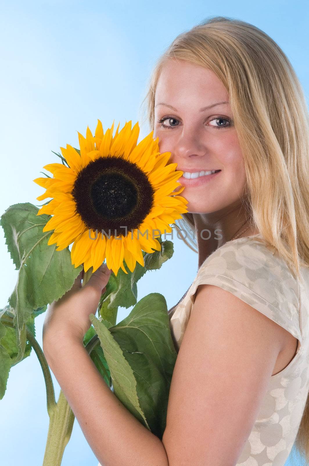 The attractive blonde in studio holds a sunflower in hands