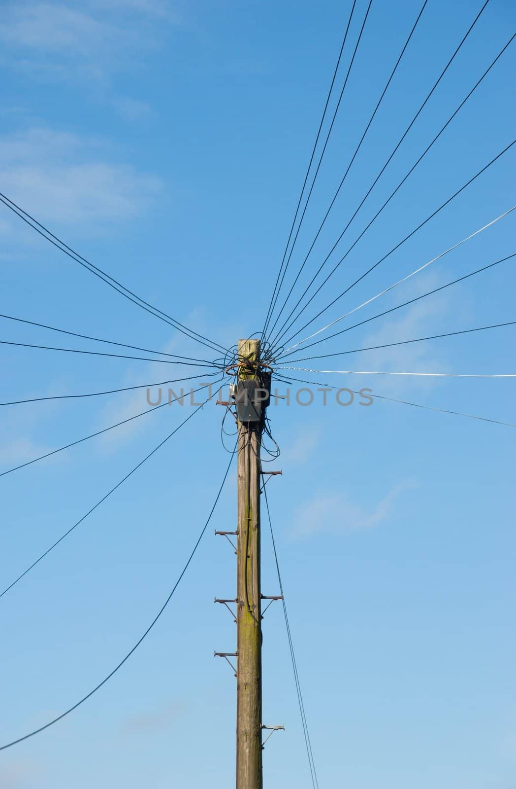 Telegraph pole with radiating telephone cables against a blue sky