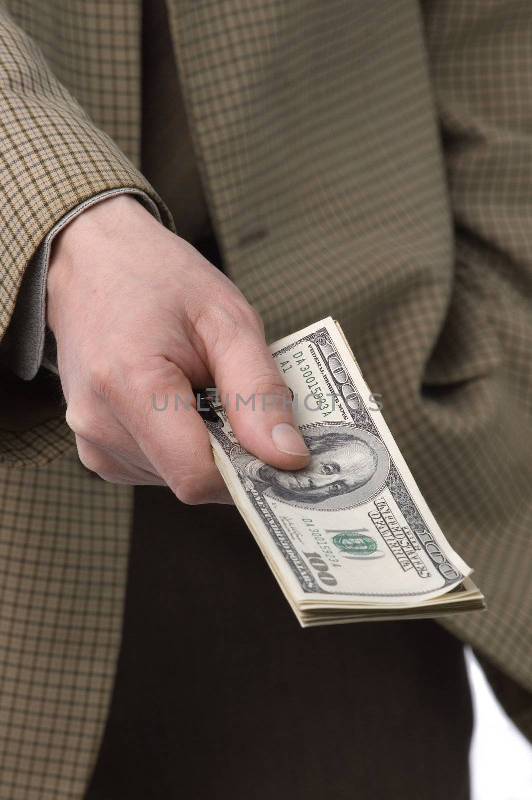 Money makes money. The man in a checkered jacket recalculates money