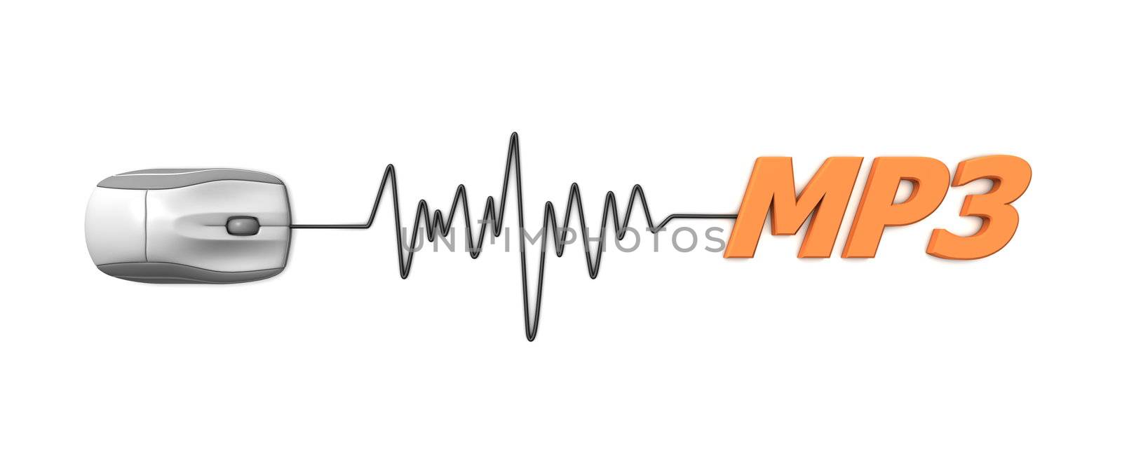 grey computer mouse connected to the orange word MP3 via sine waveform cable