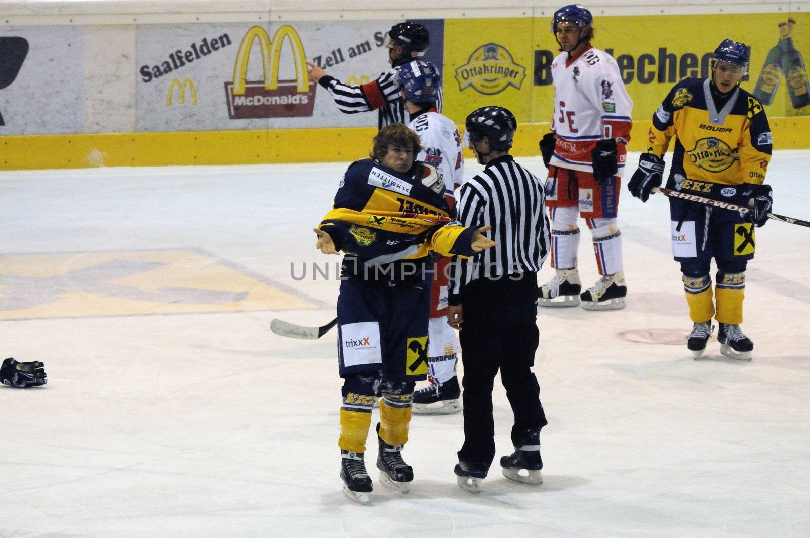 ZELL AM SEE, AUSTRIA - NOVEMBER 30: Austrian National League. Voker Keidel after loosing fight. Game EK Zell am See vs. ATSE Graz (Result 0-4) on November 30, 2010, at hockey rink of Zell am See