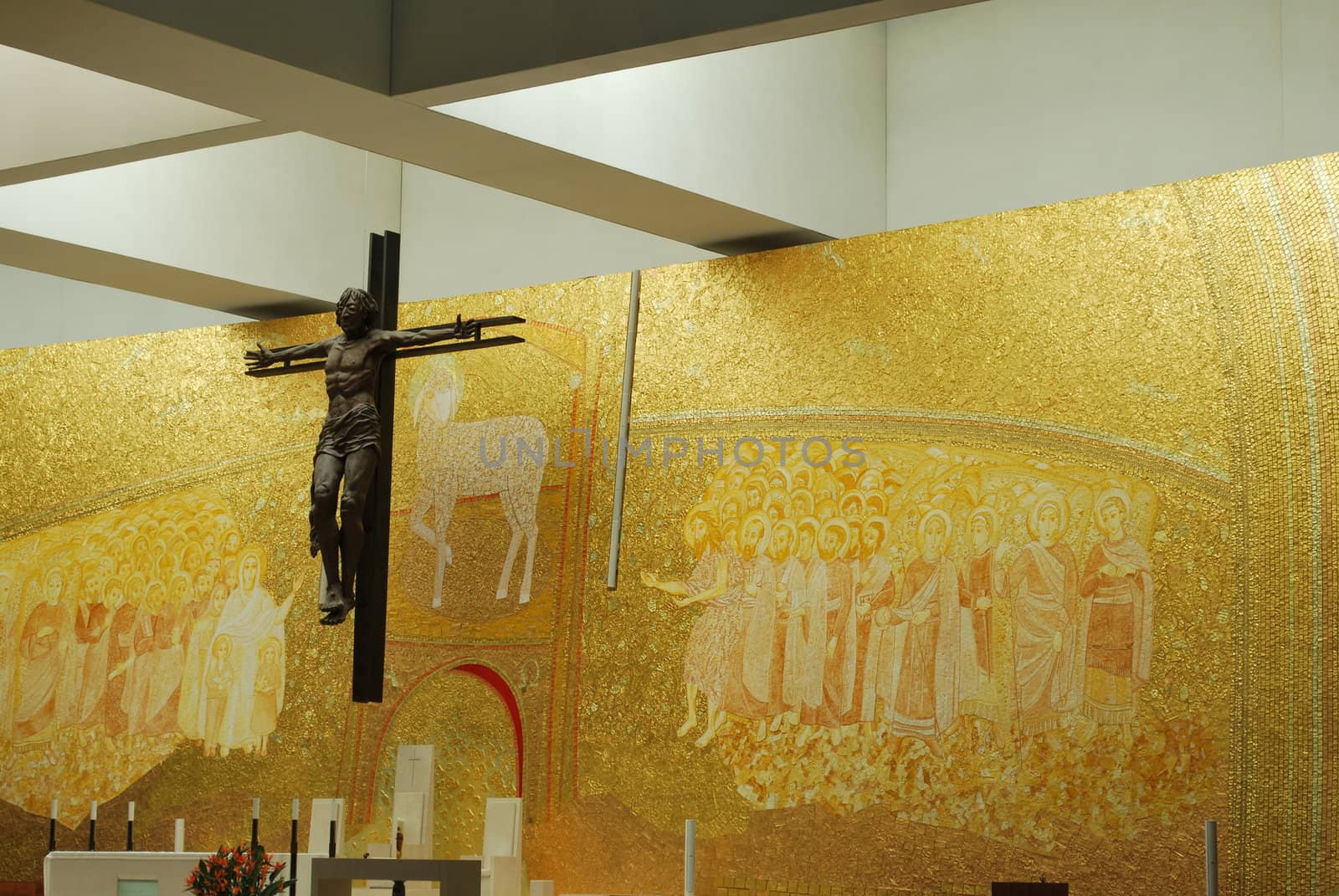 golden interior of the new Cathedral on the Sanctuary of Fatima, Portugal