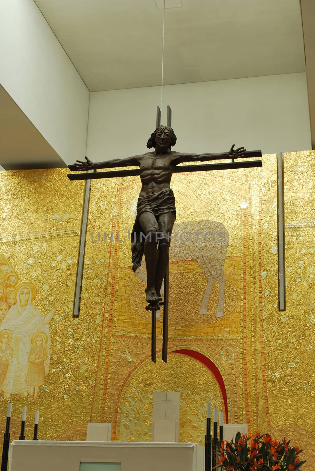 golden interior of the new Cathedral on the Sanctuary of Fatima, Portugal