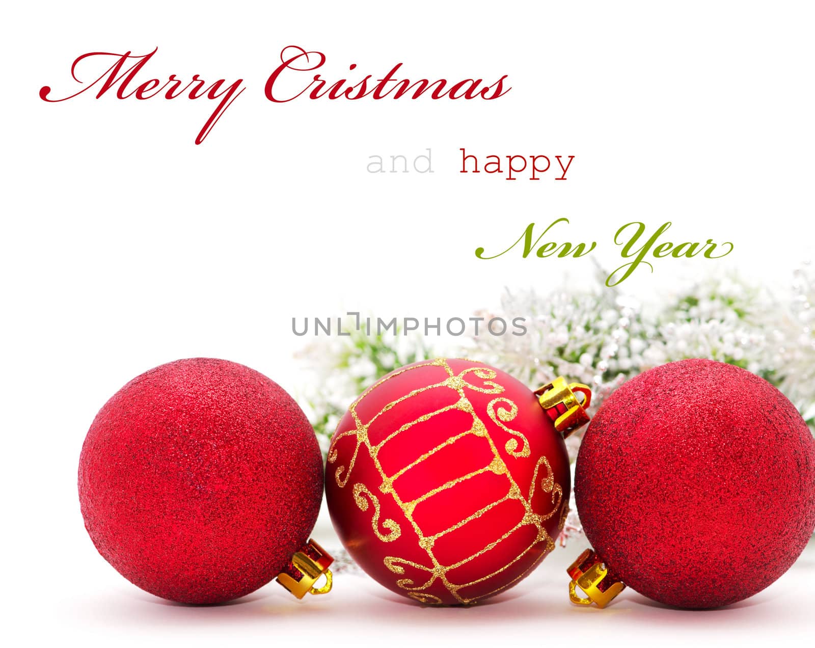 Christmas greeting card with red baubles and sample text