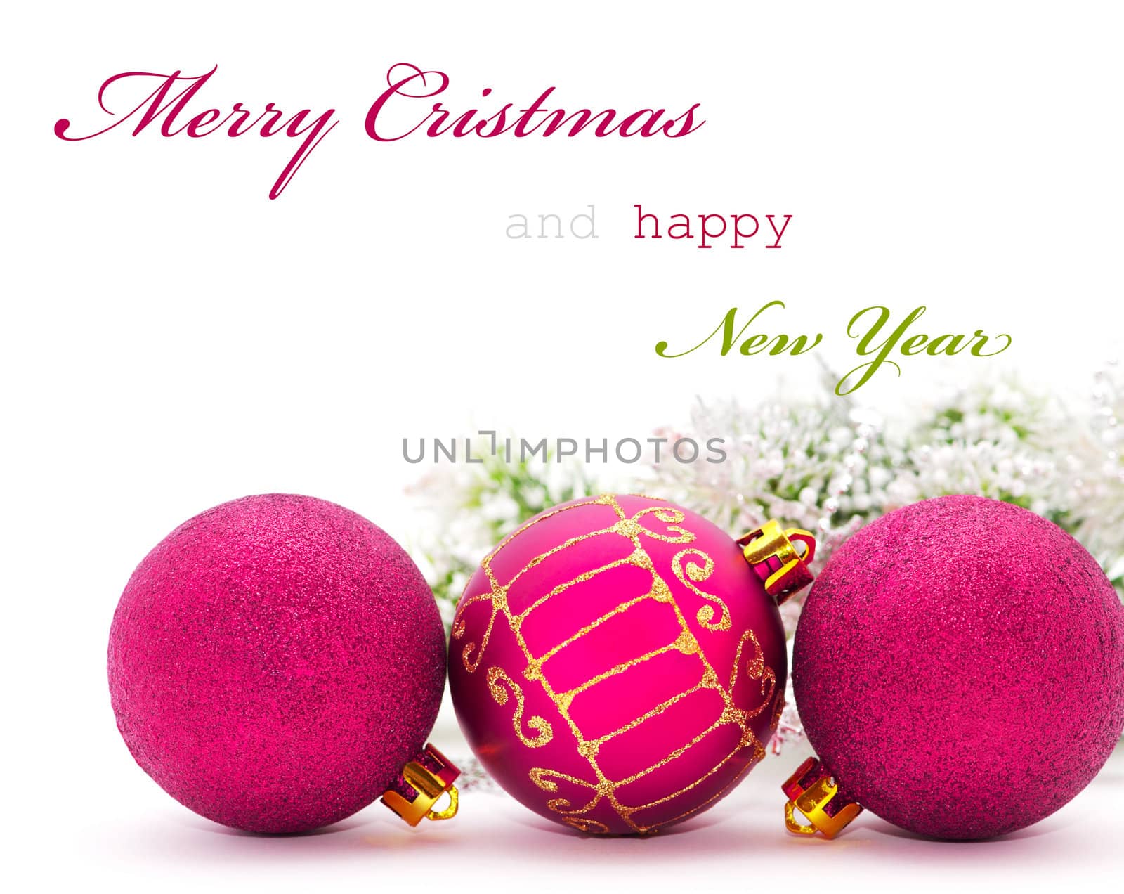 Christmas greeting card with pink baubles and sample text