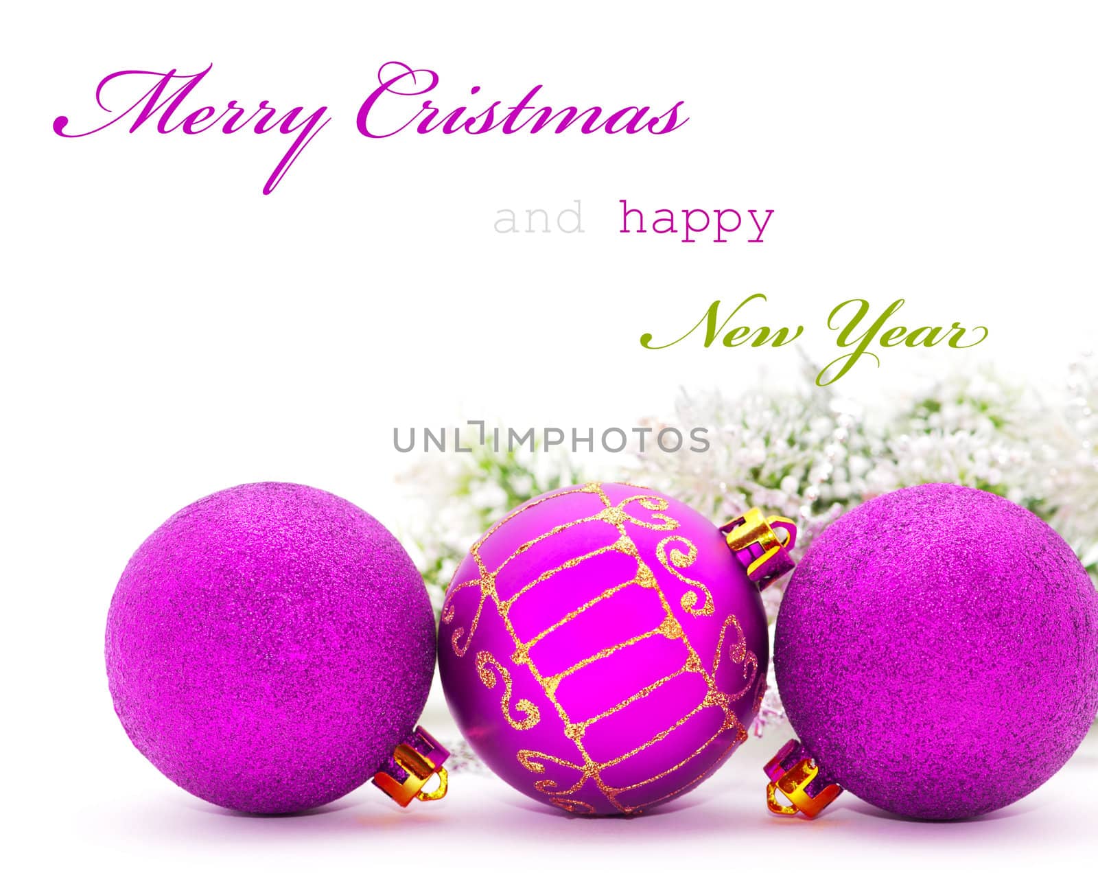 Christmas greeting card with purple baubles and sample text