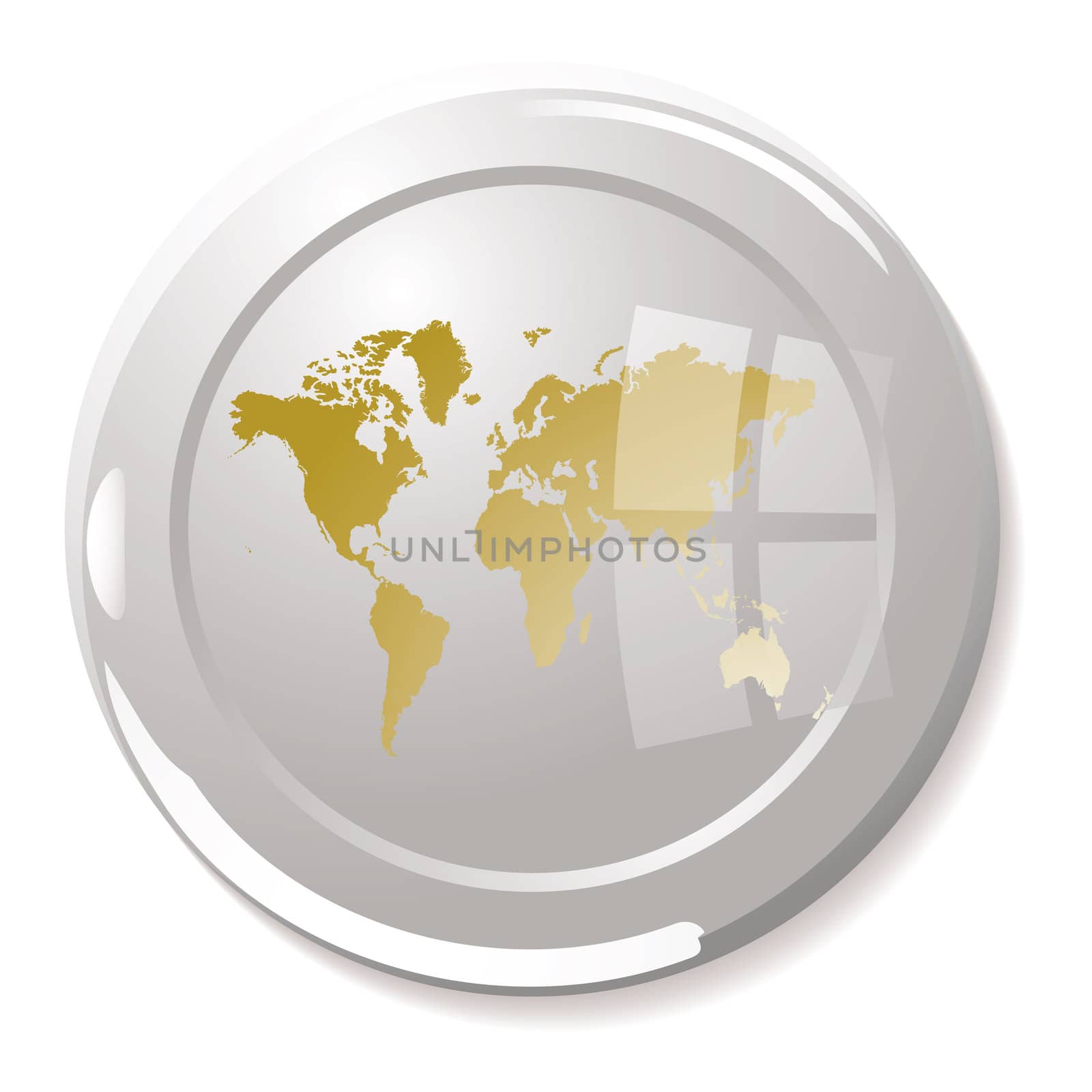 Silver glass paper weight with light reflection and gold world