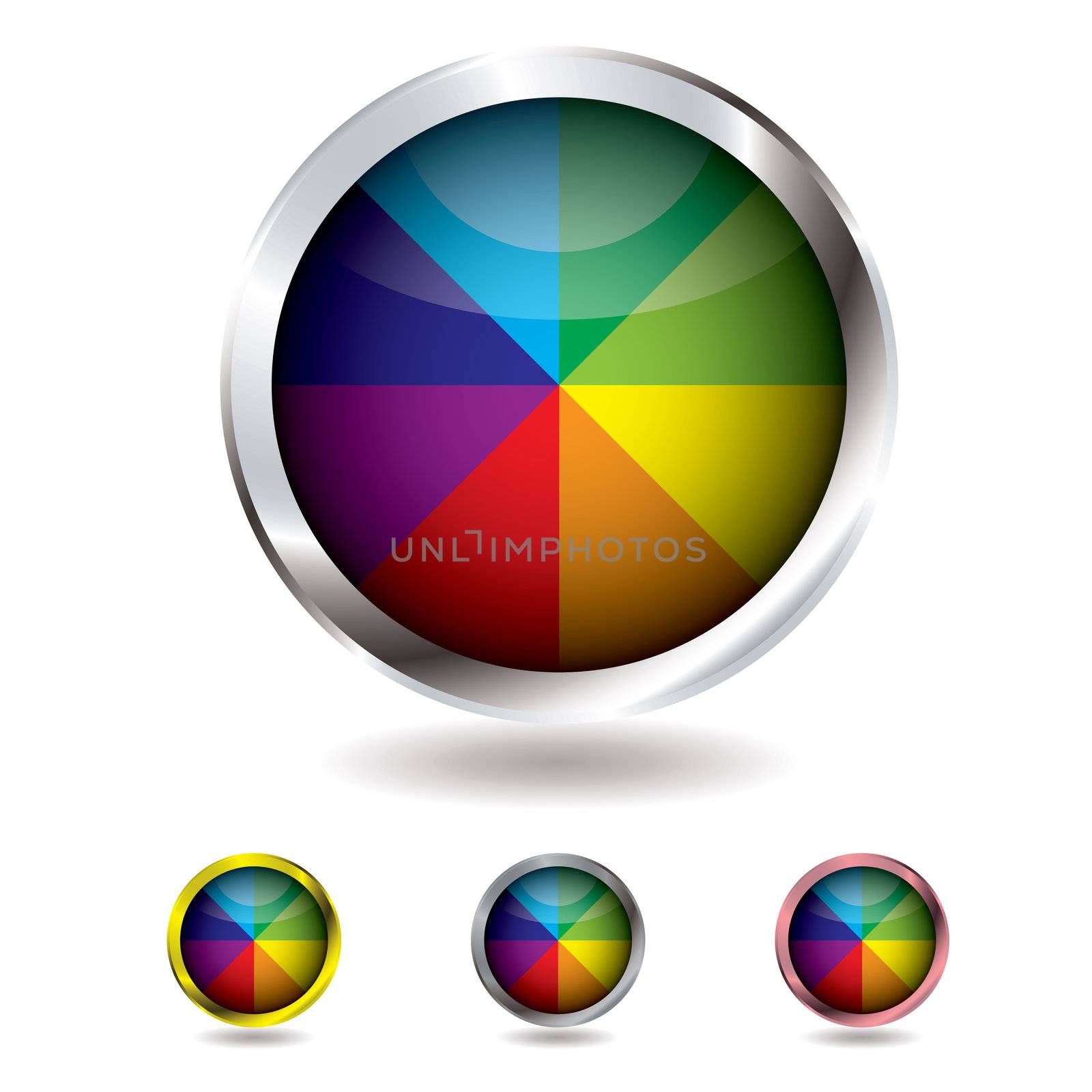 Brightly colored beach ball button with metal bevel and shadow