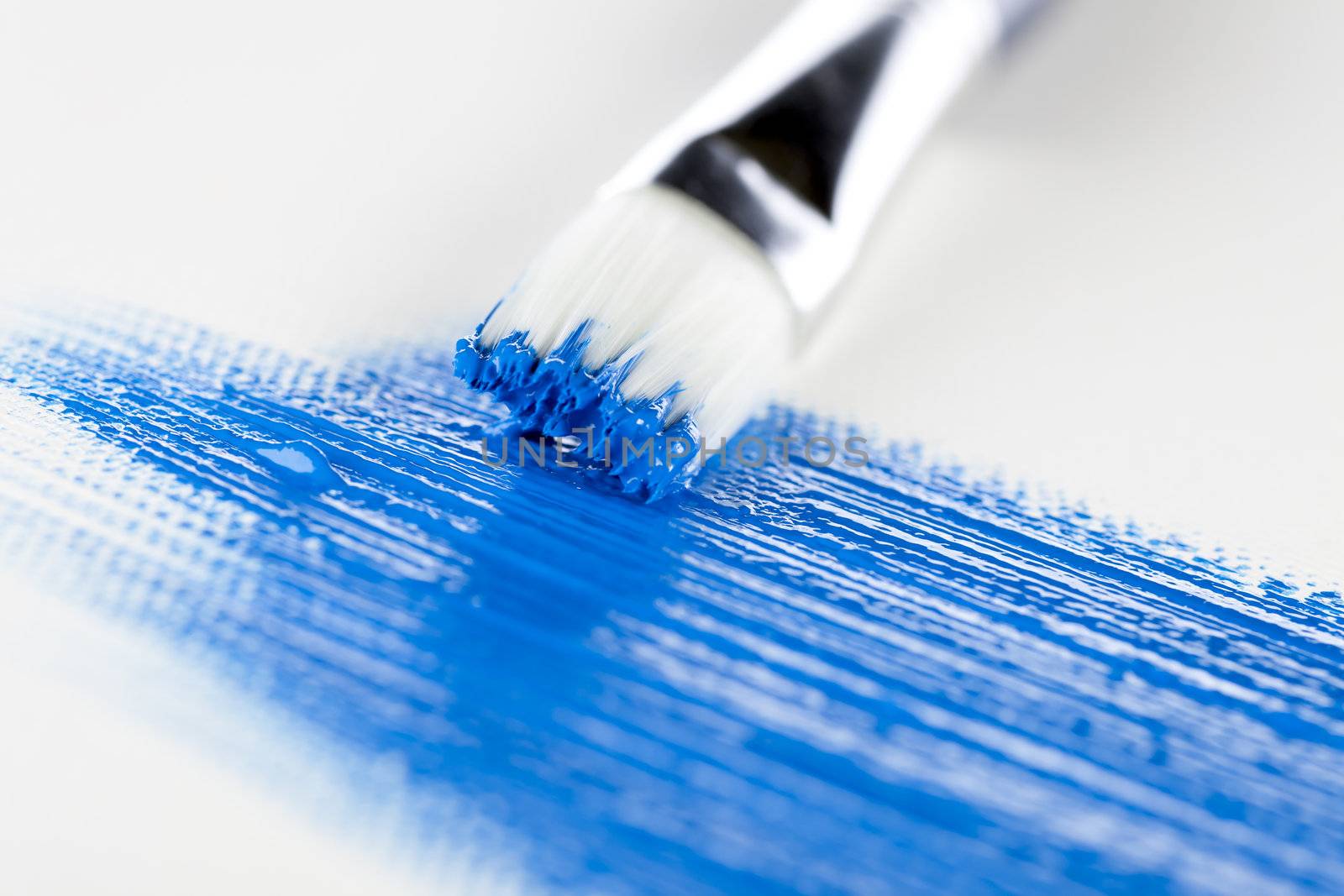 Art paint brush and blue acrylic paint.