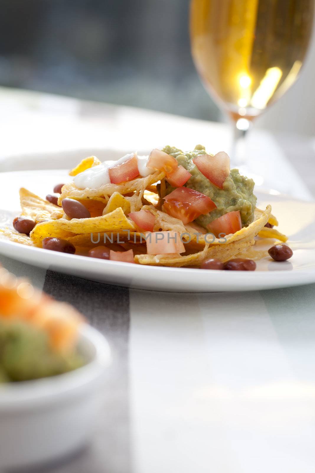 Fresh nacho chips with beans, tomatoes, cheese and guacamole