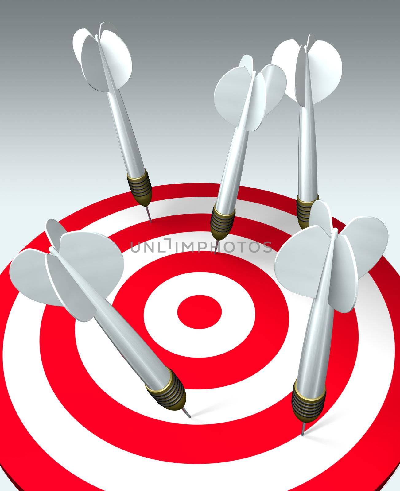 Five darts hit the target, but none hits the mark. Failure business concept. 3D image.
